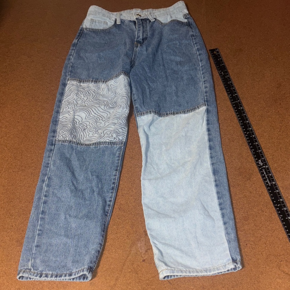 High-Rise Two-Tone 26x26 Patchwork Jeans in Blue